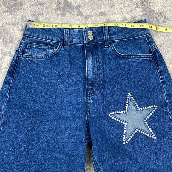 As You Rigid Denim High Rise Straight Leg Mom Jeans Crystal Star Cut Out Sz 28 - Picture 6 of 11